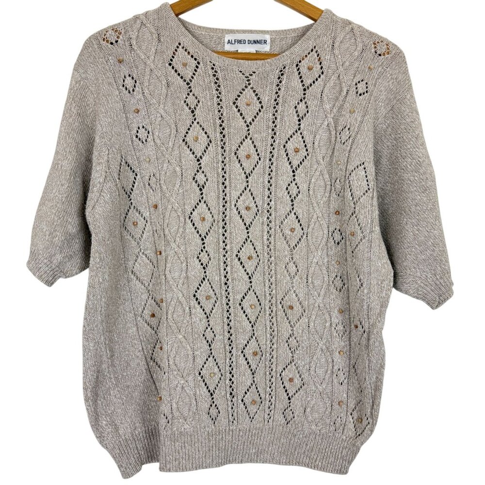 Alfred Dunner Short-Sleeve Knit Sweater Sz Large Beaded Cotton Blend Beige